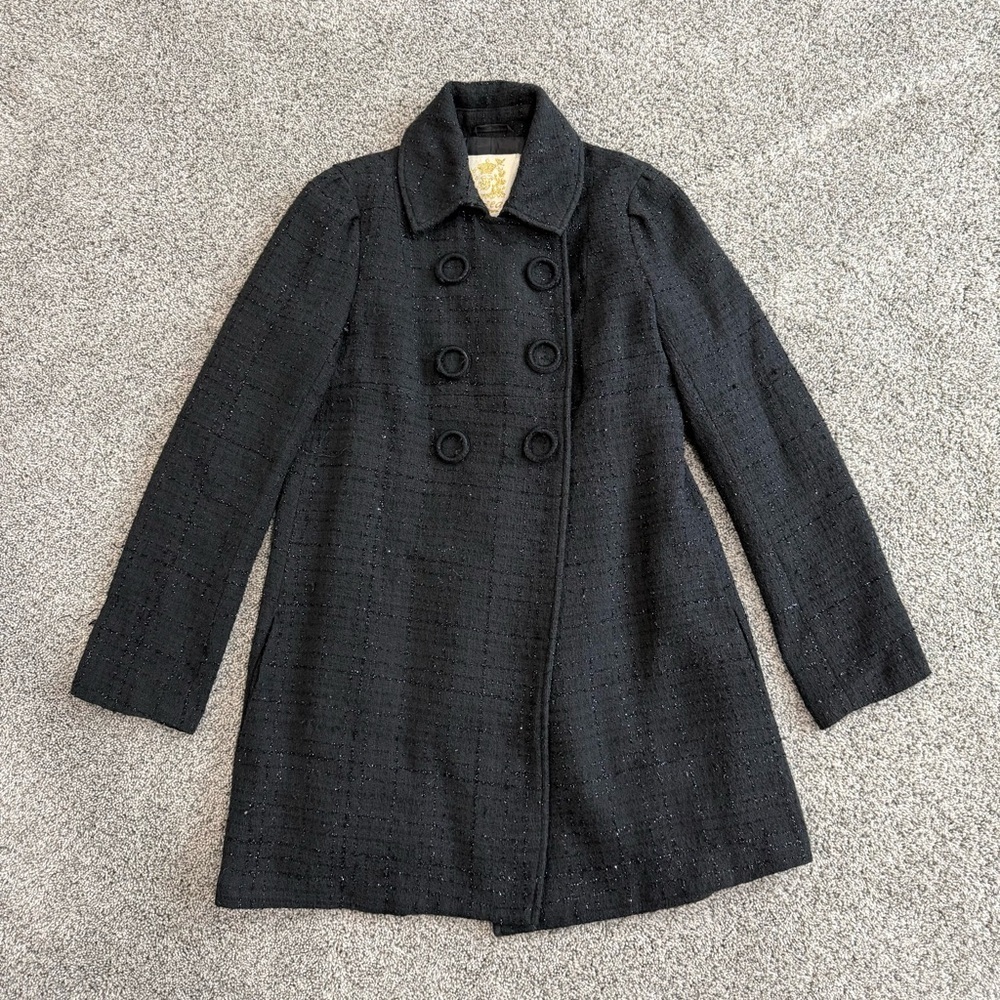 Vintage Wet Seal Black Sparkle Pea Coat Y2K Cotton Blend Snap Button Women’s M